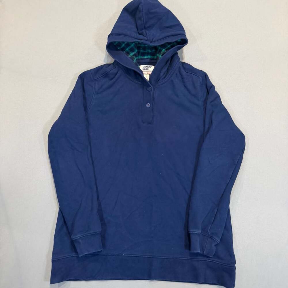 Lands' End Serious Sweats Hoodie Size L 14-16 Blue Plaid Lined